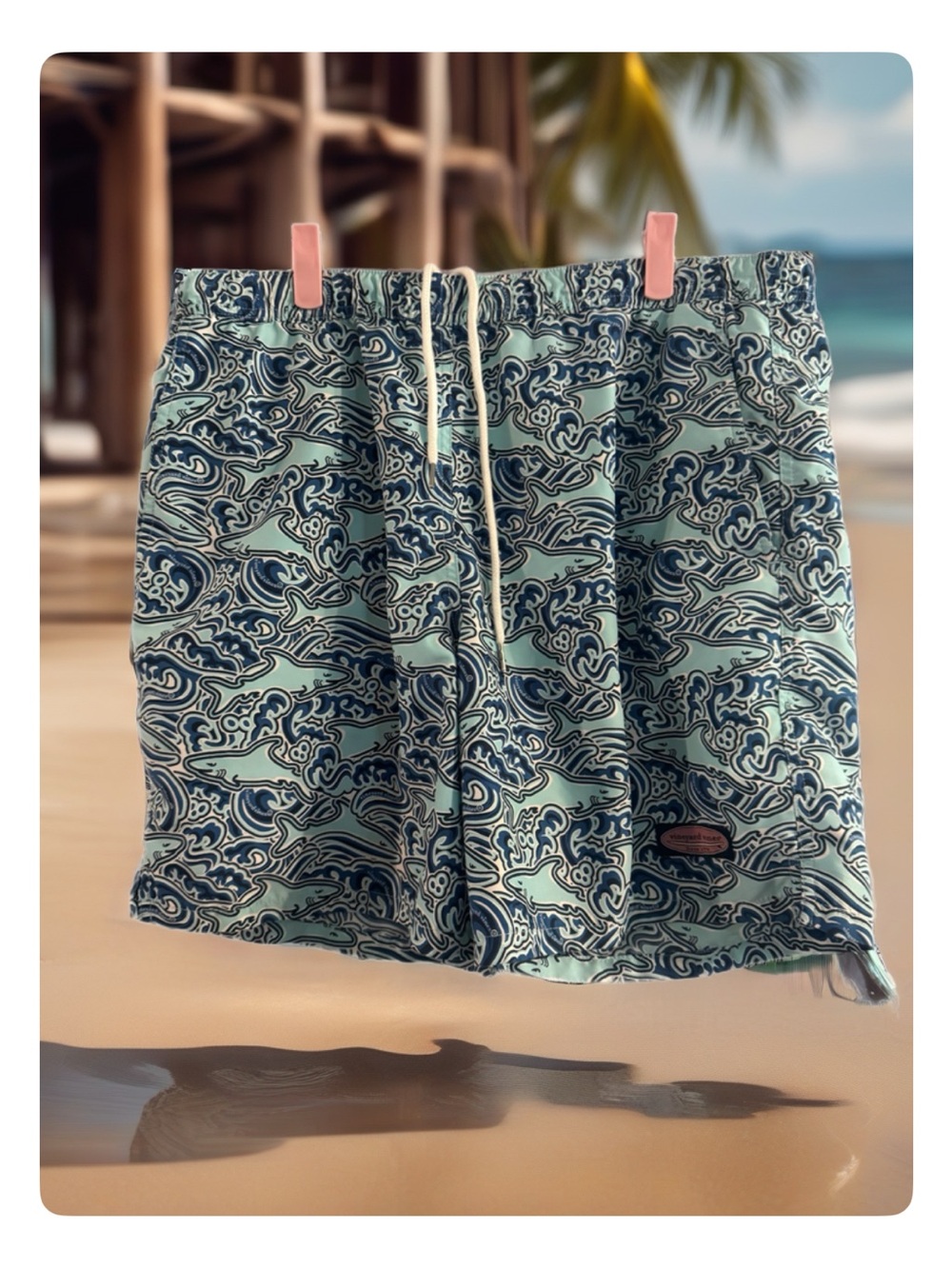 Vineyard Vines Light Blue & Navy Wave-Print Swim Trunks